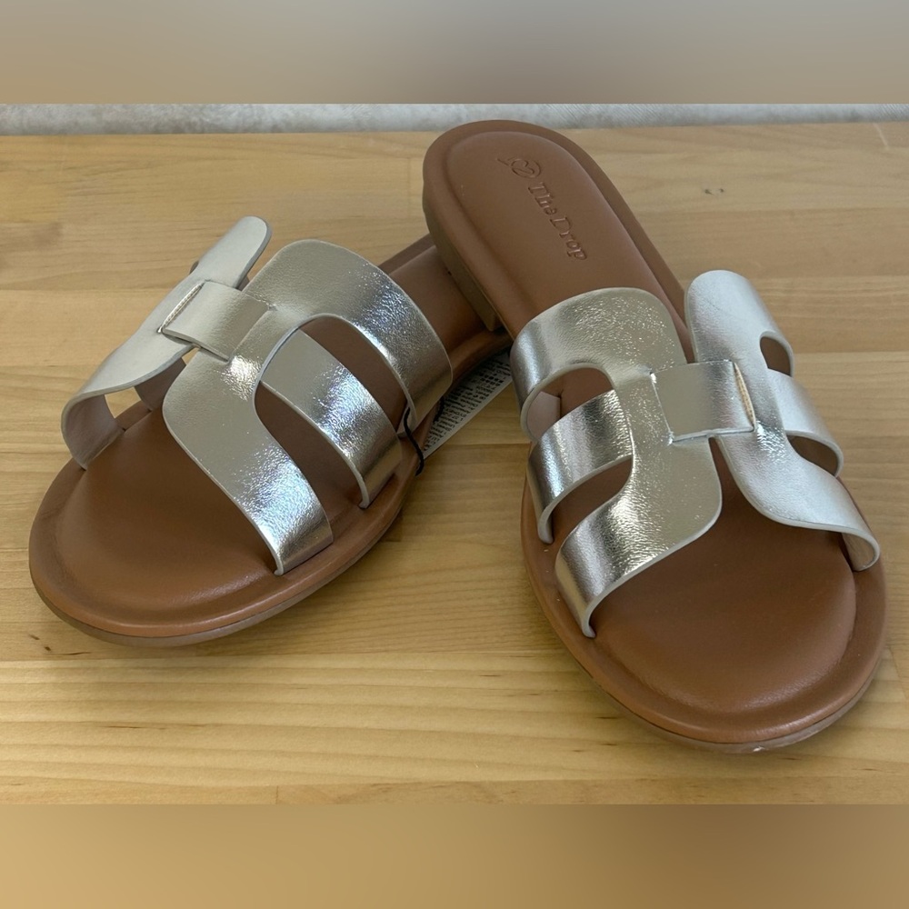 The Drop Silver H Strap Slide Sandals Size 8 Metallic Flat Slides NWT